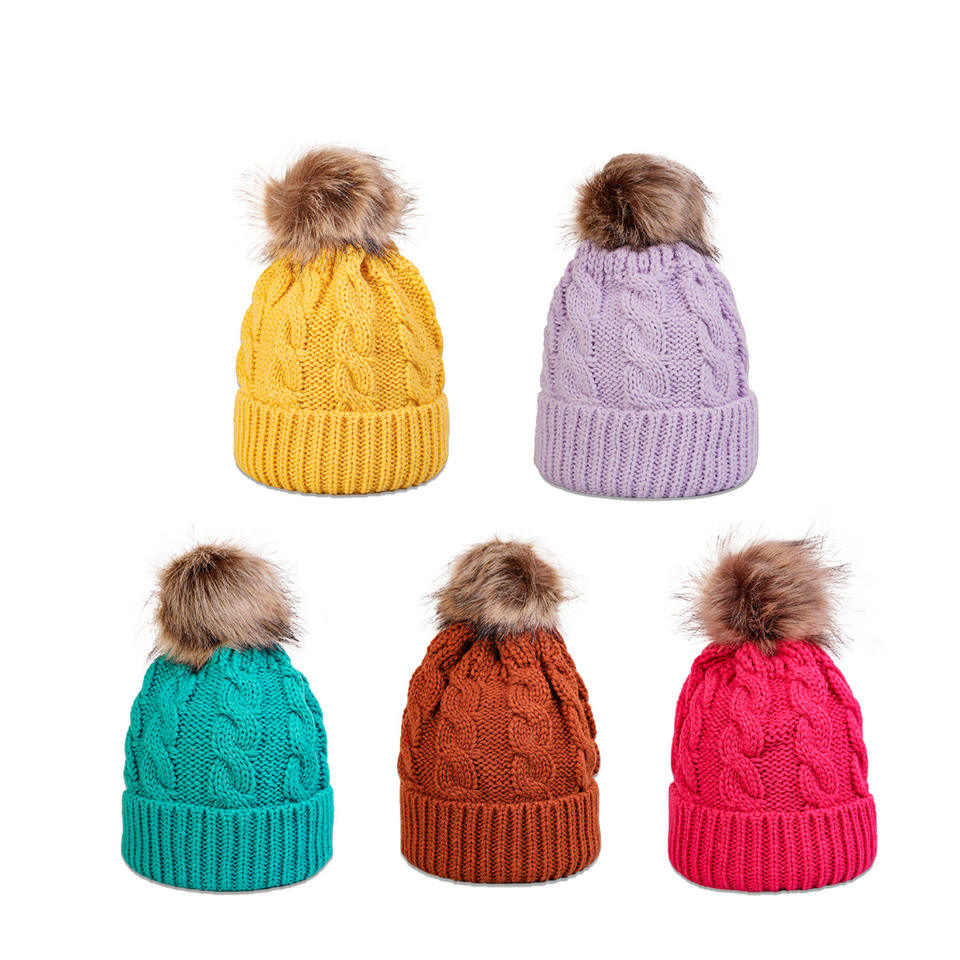 Winter Knit Beanie with Faux Fur Pom – Multiple Colors