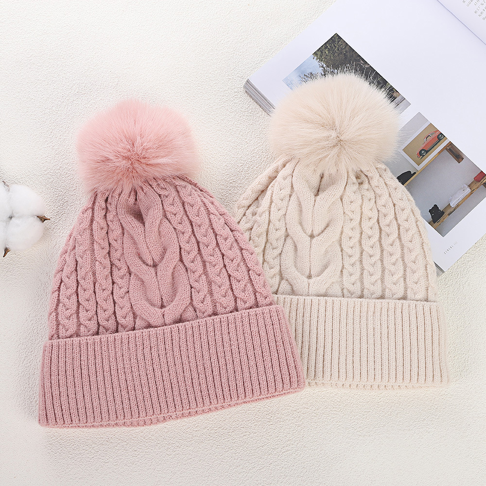 Women's Faux Fur Pom Pom Cable Knit Winter Beanie