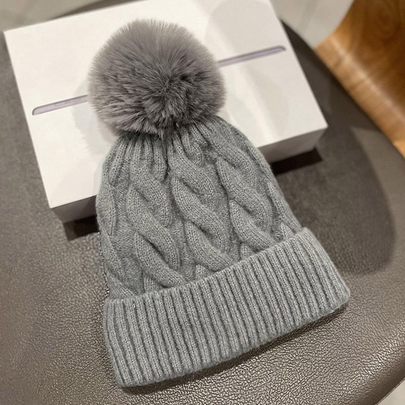 Cable Knit Pom Pom Beanie Winter Warm Cuffed Hat