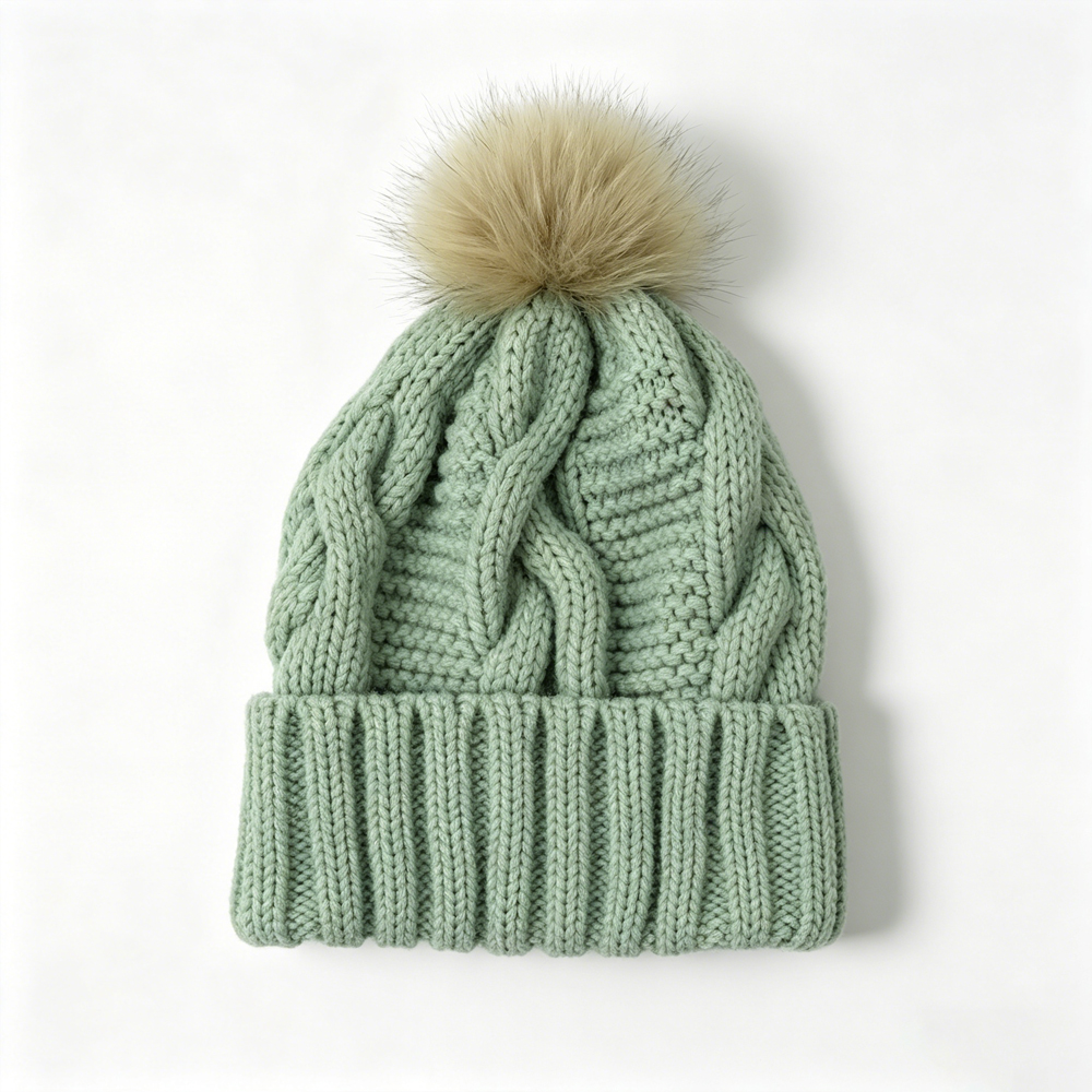 Pastel Cable Knit Cuffed Beanie Hat with Faux Fur Pom Pom