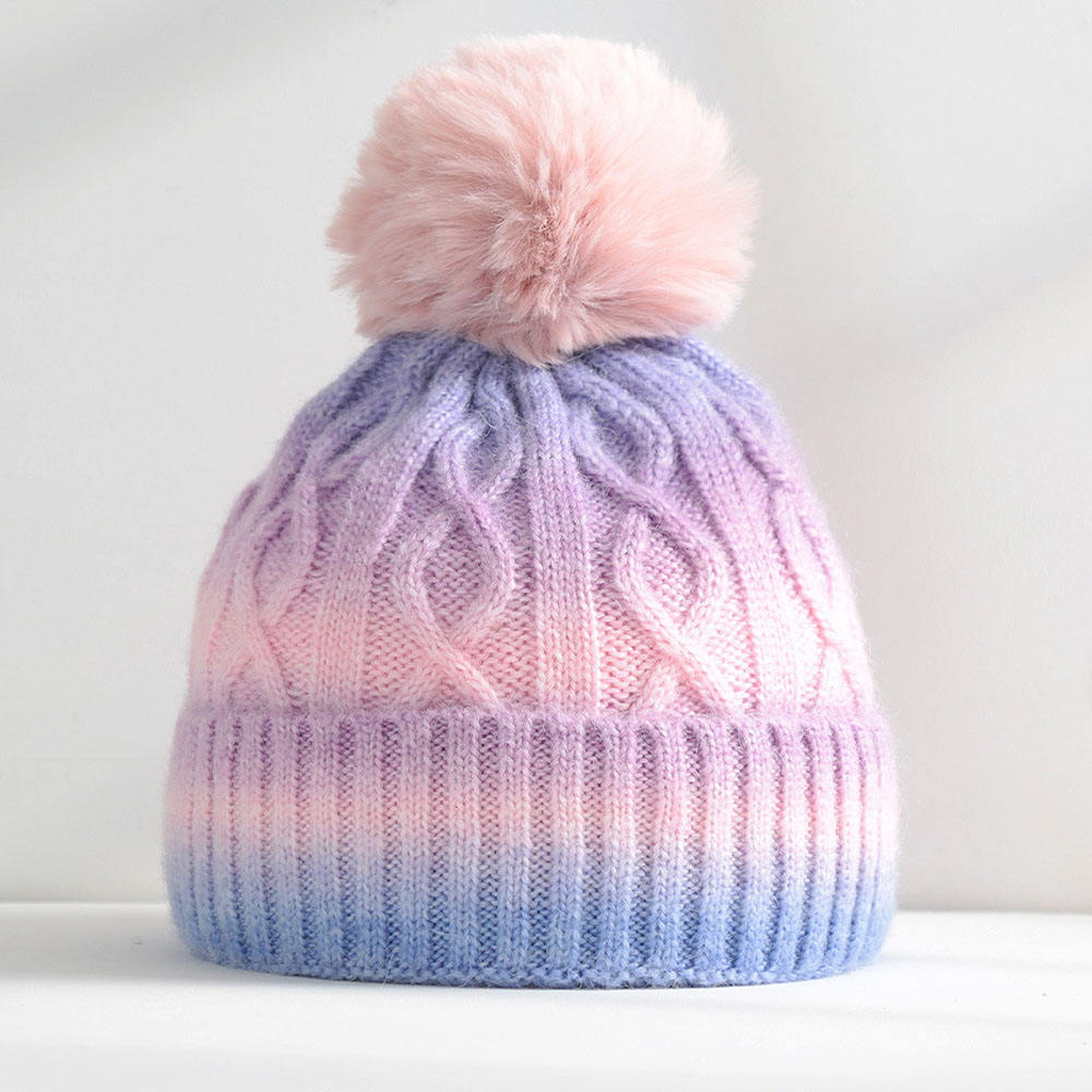 Gradient Cable Knit Beanie Hat with Faux Fur Pom Pom Winter Cap