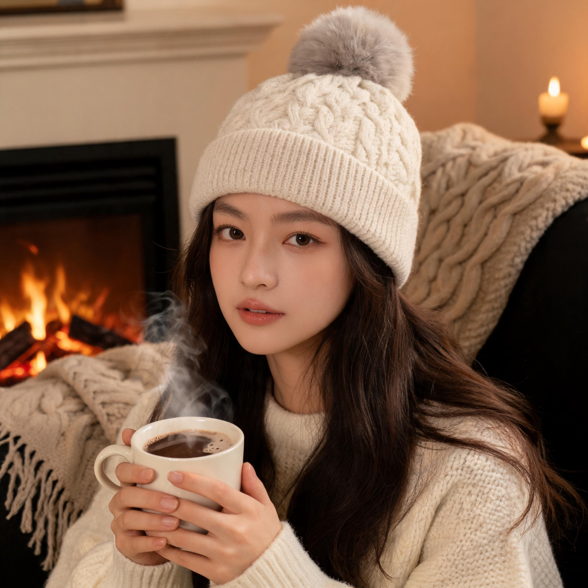 Women Men Winter Cable Knit Beanie Hat with Faux Fur Pom Pom Soft Warm Cuffed Design