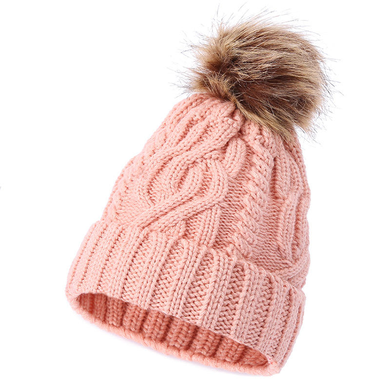 Cable Knit Cuffed Faux Fur Pom Pom Winter Beanie Hat