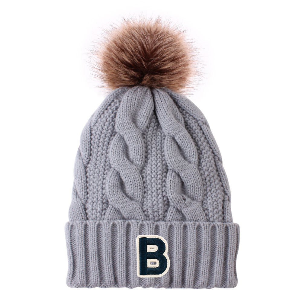 B Patch Cable Knit Cuffed Faux Fur Pom Pom Beanie