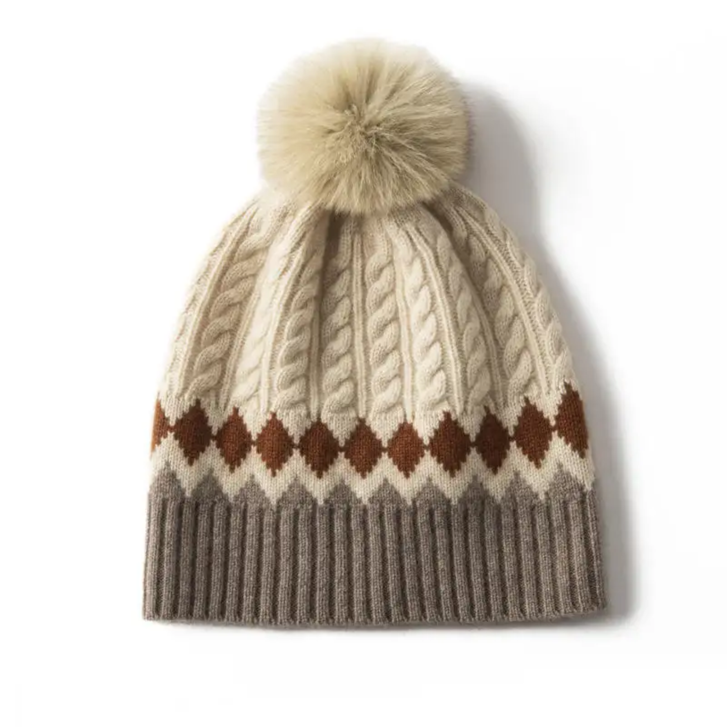 Cable Knit Cuffed Beanie Hat with Faux Fur Pom Pom