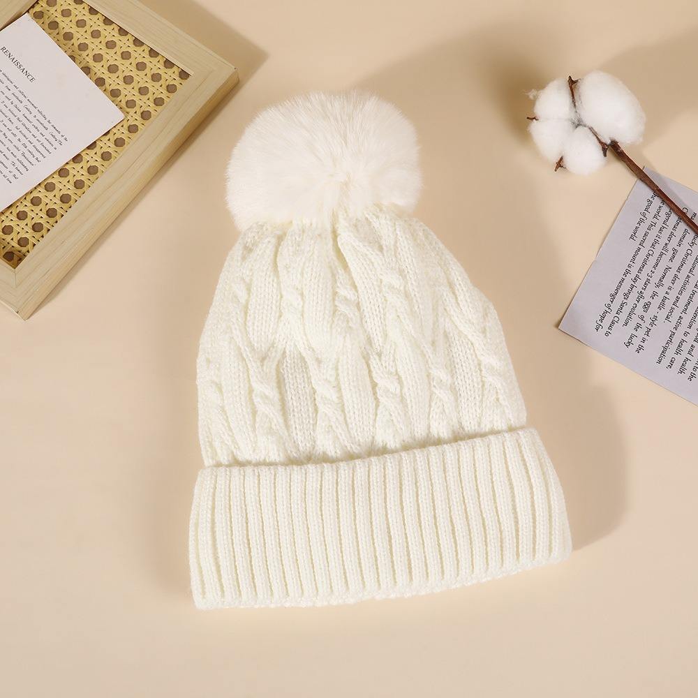 Cable Knit Winter Beanie Hat with Faux Fur Pom Pom