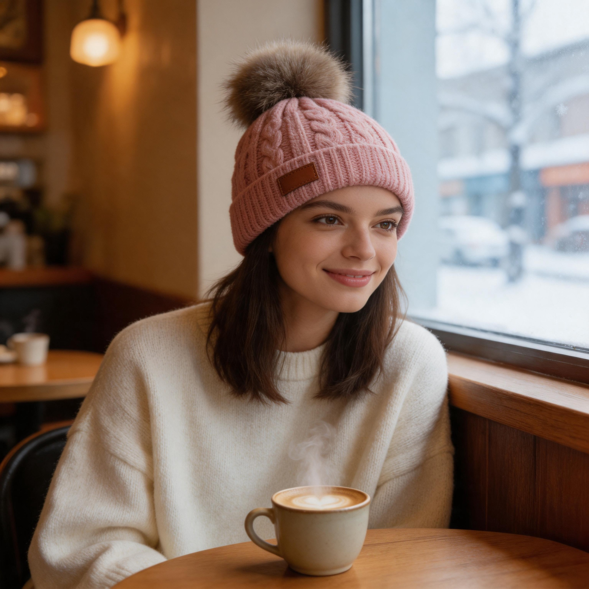 Women's Chunky Cable Knit Beanie Hat with Faux Fur Pom Pom and Leather Patch