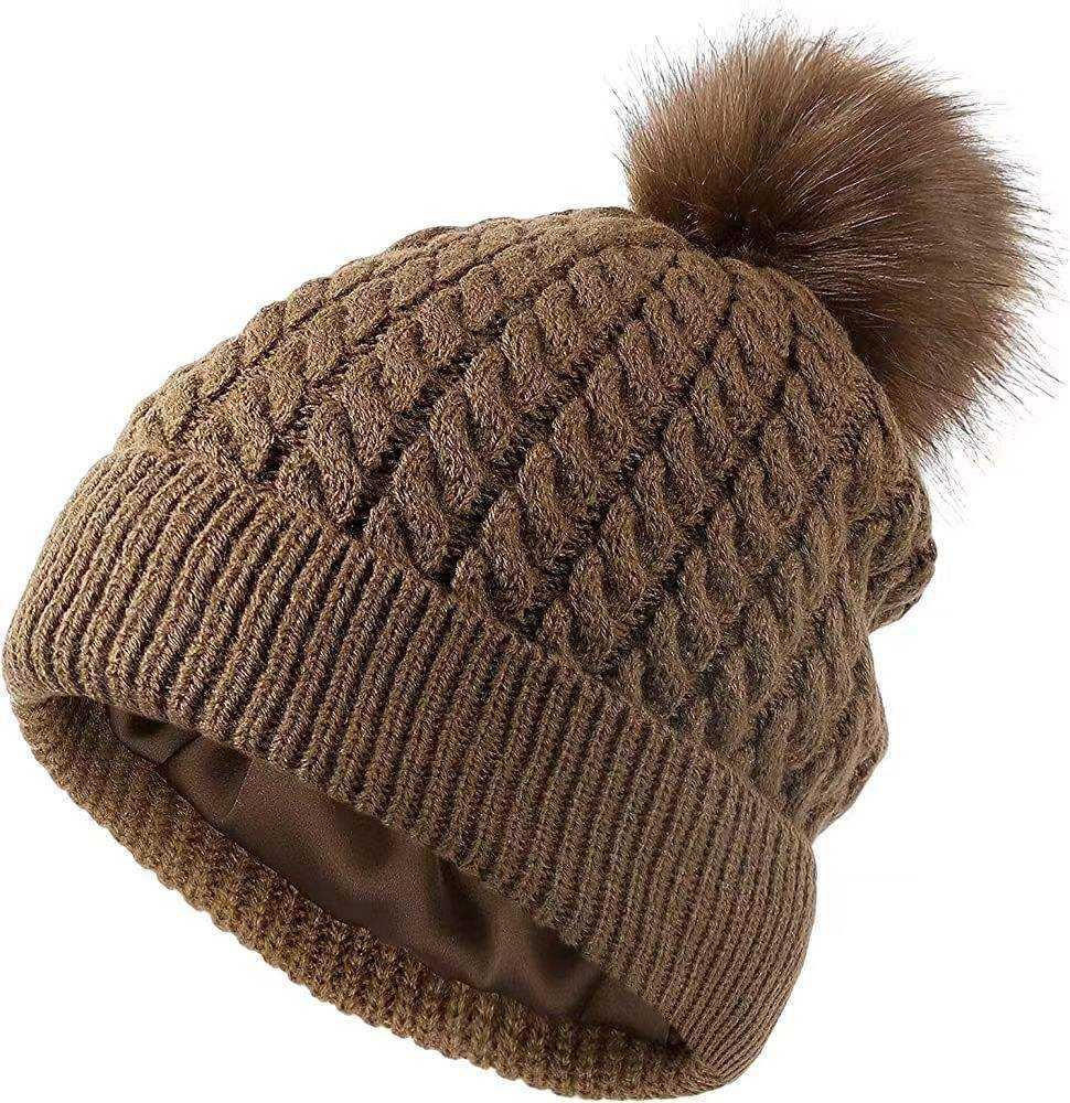 Cable Knit Cuffed Pom Pom Beanie with Faux Fur Top