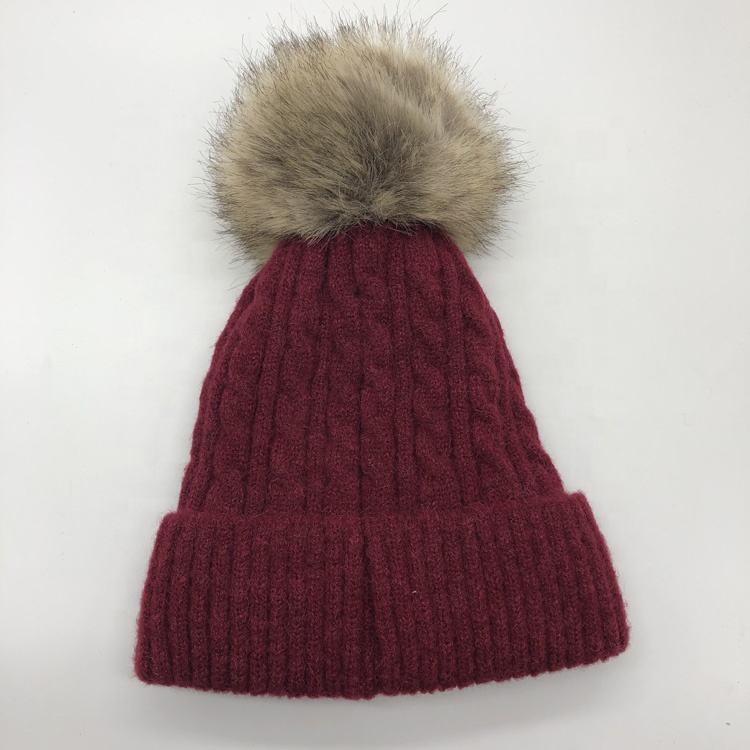 Winter Cable Knit Beanie with Faux Fur Pom — Burgundy