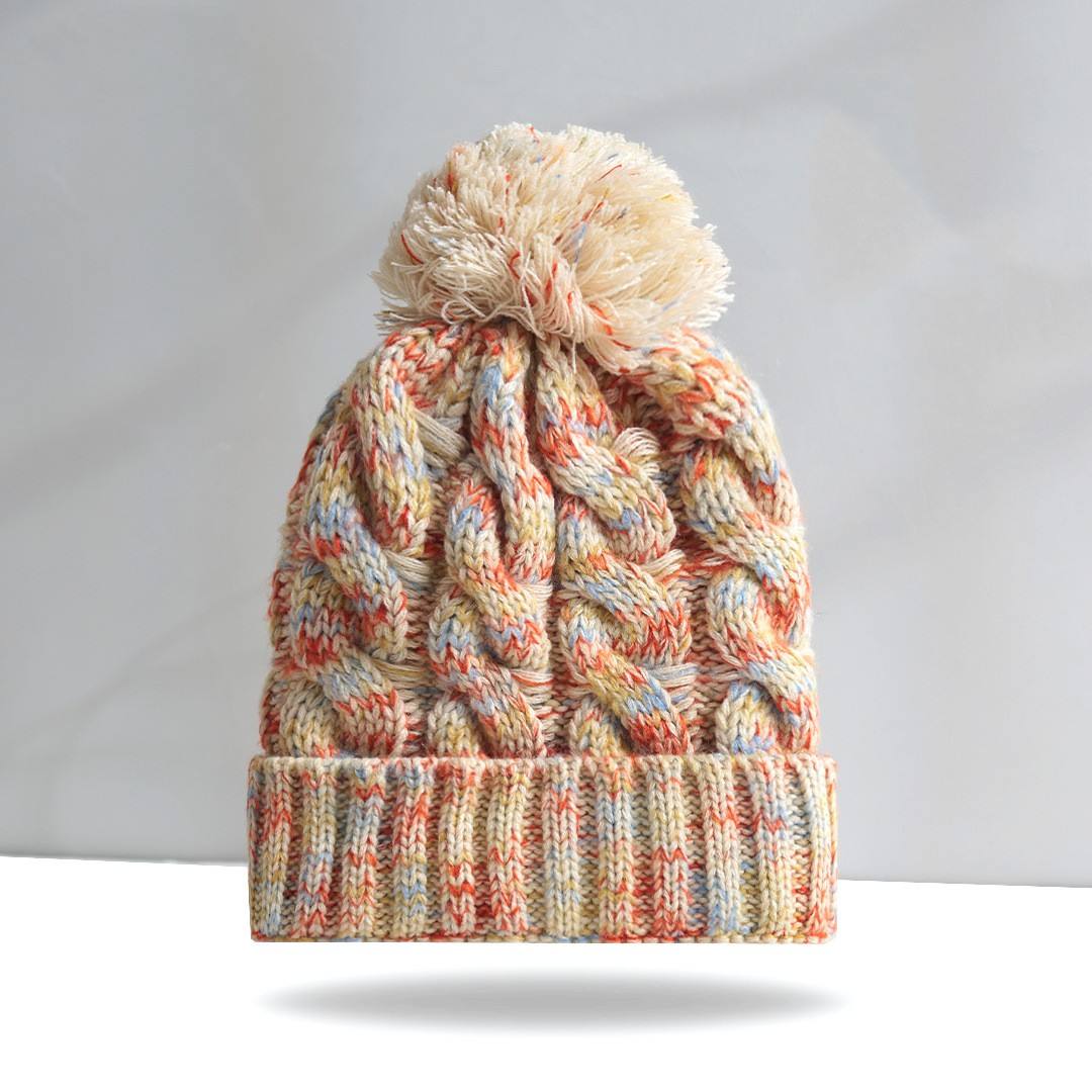 Multicolor Cable Knit Pom Pom Winter Beanie Hat