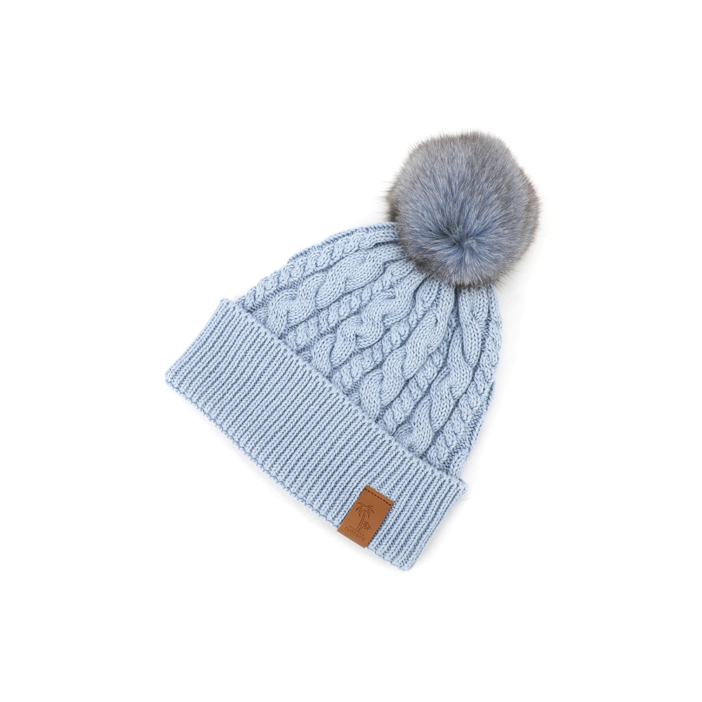Ice Blue Cable Knit Cuffed Beanie with Gray Faux Fur Pom Pom