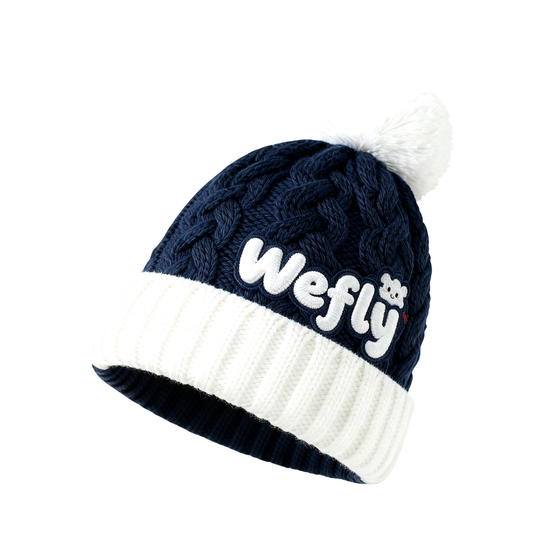 Winter Cable Knit Pom Pom Beanie with Embroidered Logo Warm Cuffed Hat