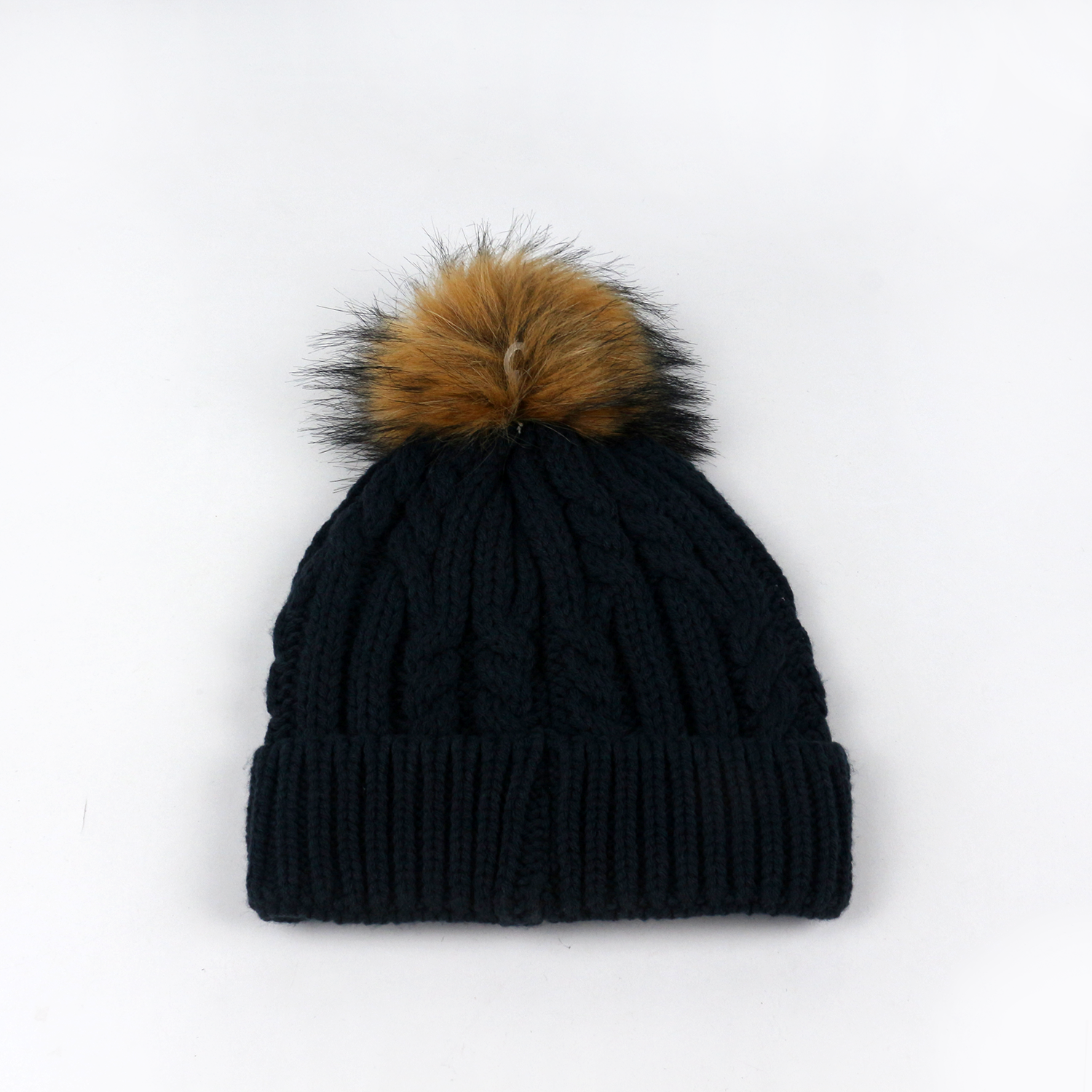 Winter Cable Knit Cuffed Beanie Hat with Faux Fur Pom Pom – Warm Ribbed Knit Cap in Navy, Ivory & Burgundy