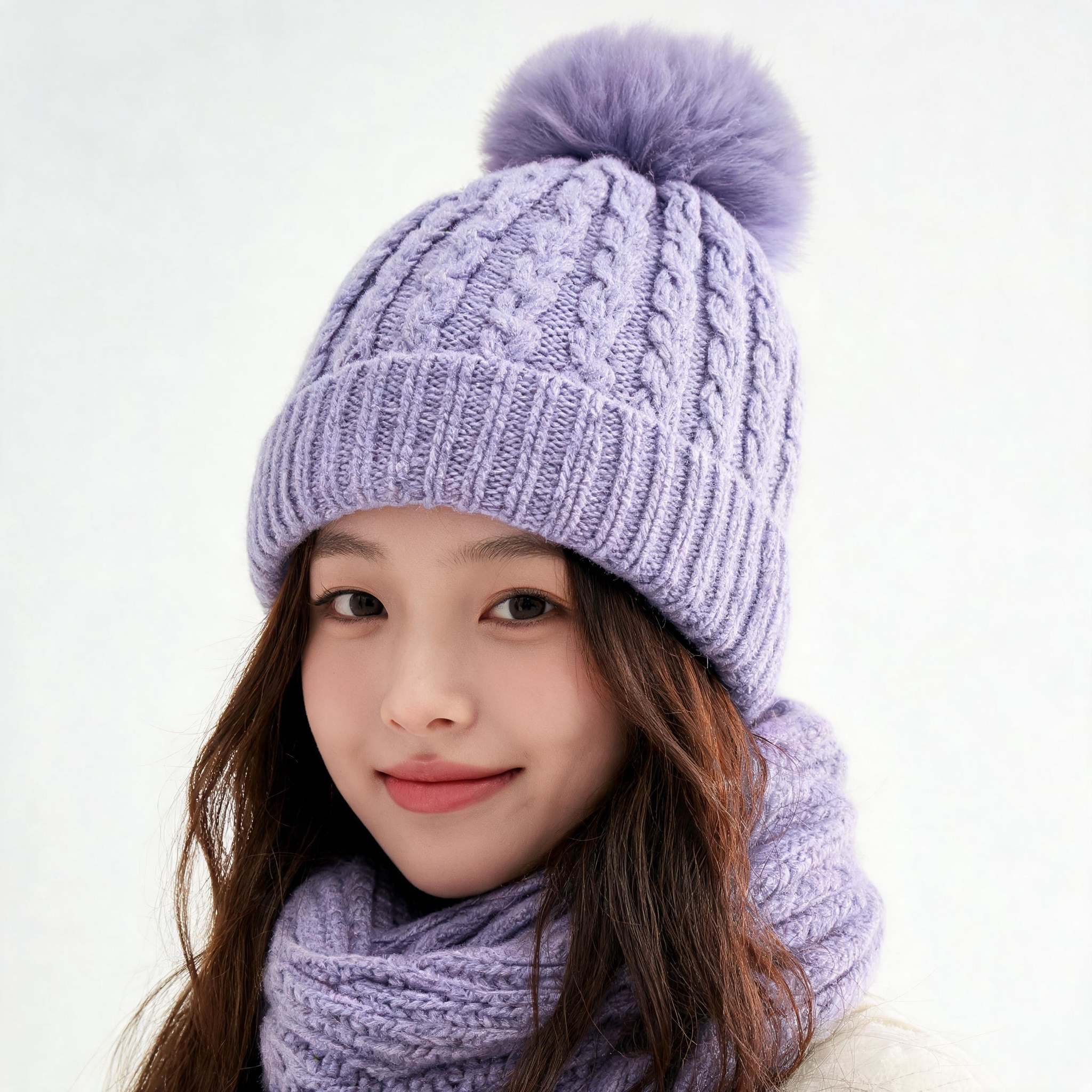 Women's Winter Warm Cable Knit Beanie Hat with Fluffy Faux Fur Pom Pom