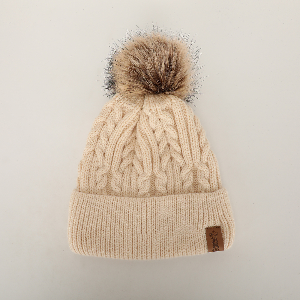 Winter Knit Beanie Hat with Faux Fur Pom and Cuffe