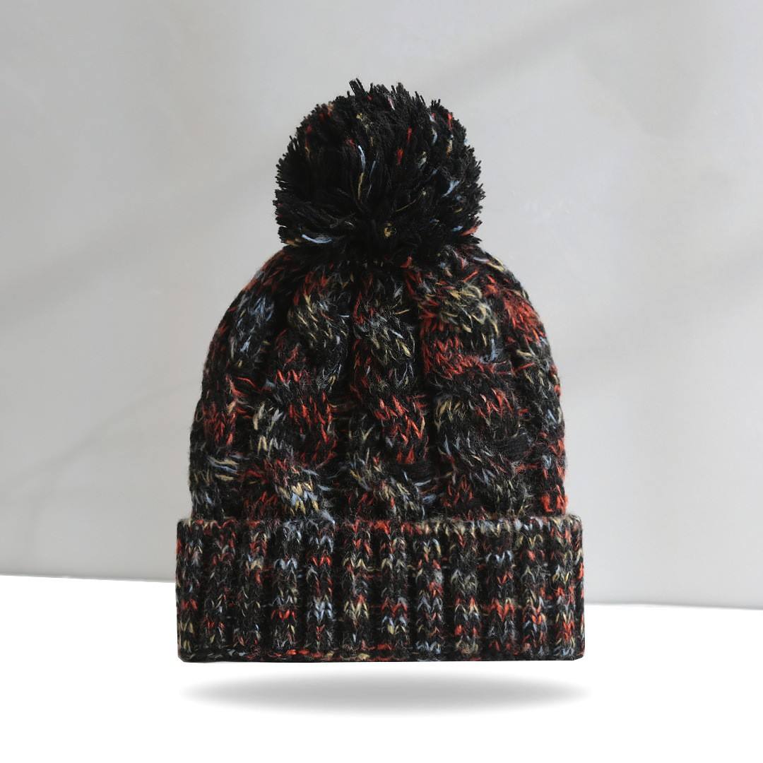 Multicolor Cable Knit Pom Pom Winter Beanie Hat