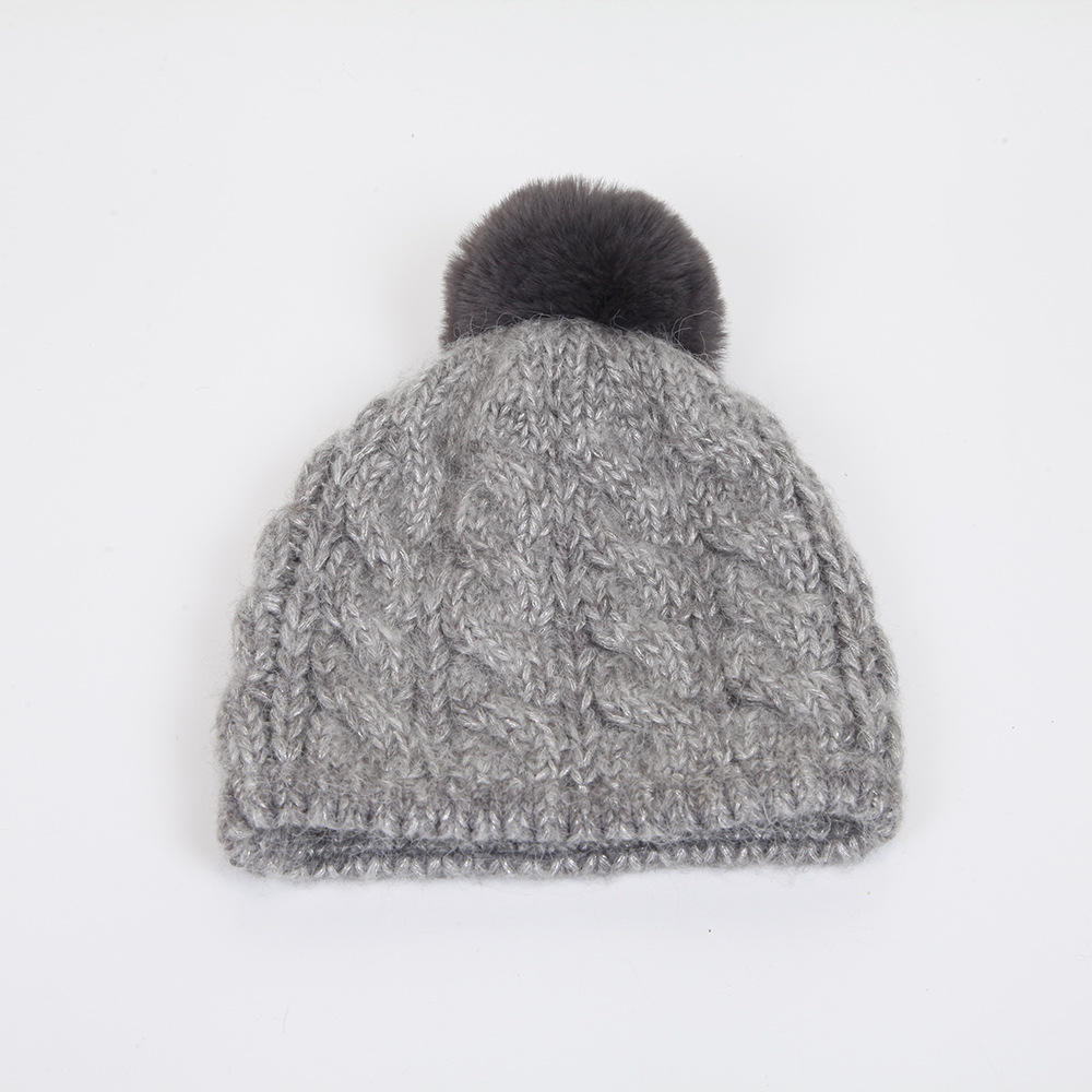 Winter Cable Knit Pom Pom Beanie Hat Set in Grey Cream and Pink