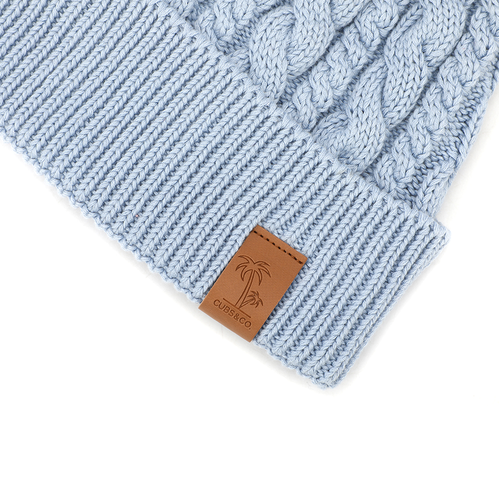 Ice Blue Cable Knit Cuffed Beanie with Gray Faux Fur Pom Pom