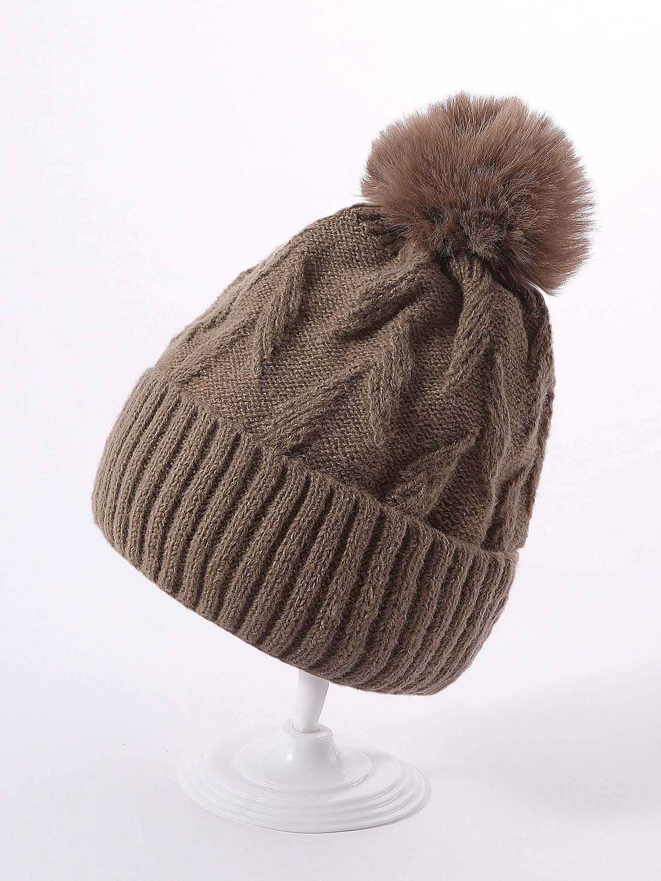 Women's Winter Cable Knit Beanie Hat with Ribbed Cuff and Fluffy Faux Fur Pom Pom