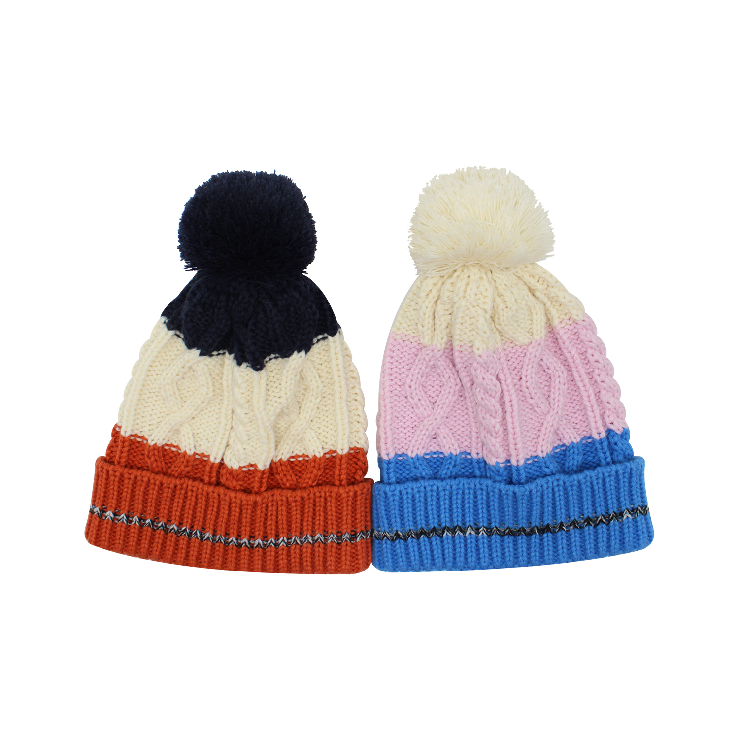 Color Block Cable Knit Pom Pom Beanie Hat