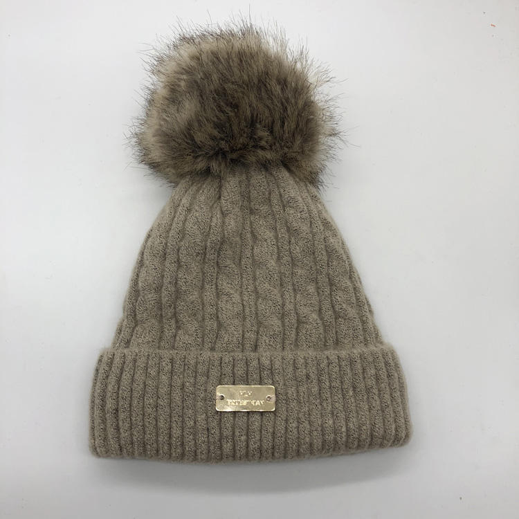 Winter Cable Knit Beanie with Faux Fur Pom — Burgundy