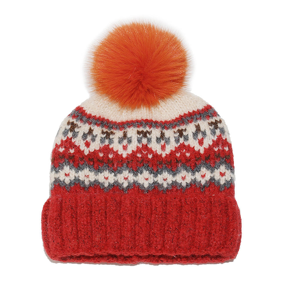 Nordic Fair Isle Winter Knit Beanie with Faux Fur Pom Pom