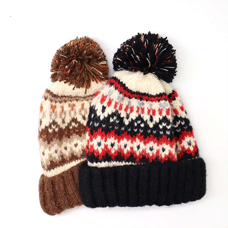 Winter Fair Isle Knitted Pom Pom Beanie Hat for Men Women