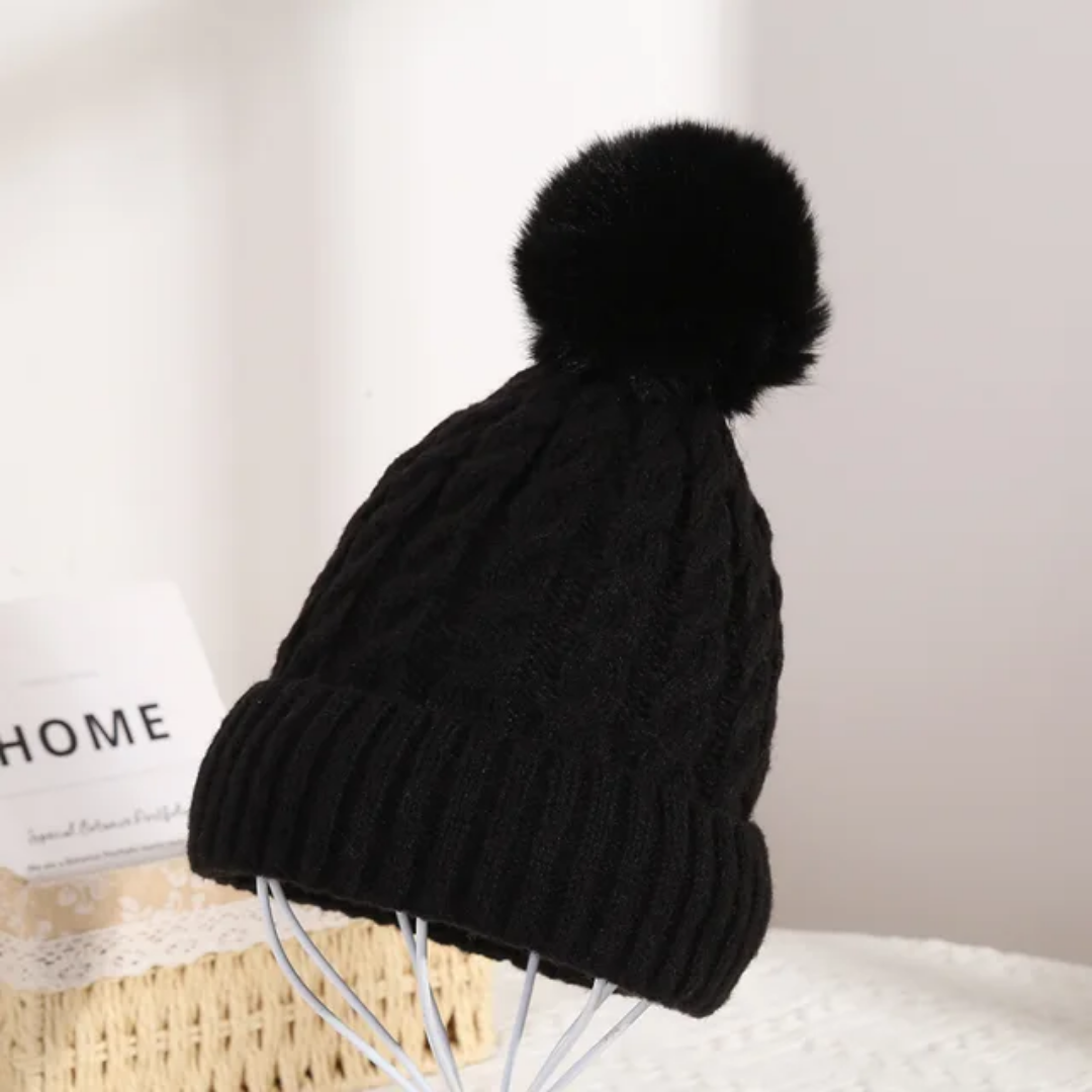 Winter Warm Knit Beanie Hat with Faux Fur Pom for Women - Soft Ribbed Cuffed Style
