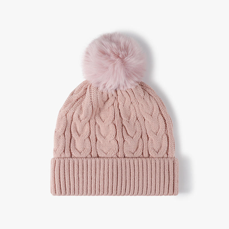 Cable Knit Cuffed Beanie Hat with Faux Fur Pom Pom