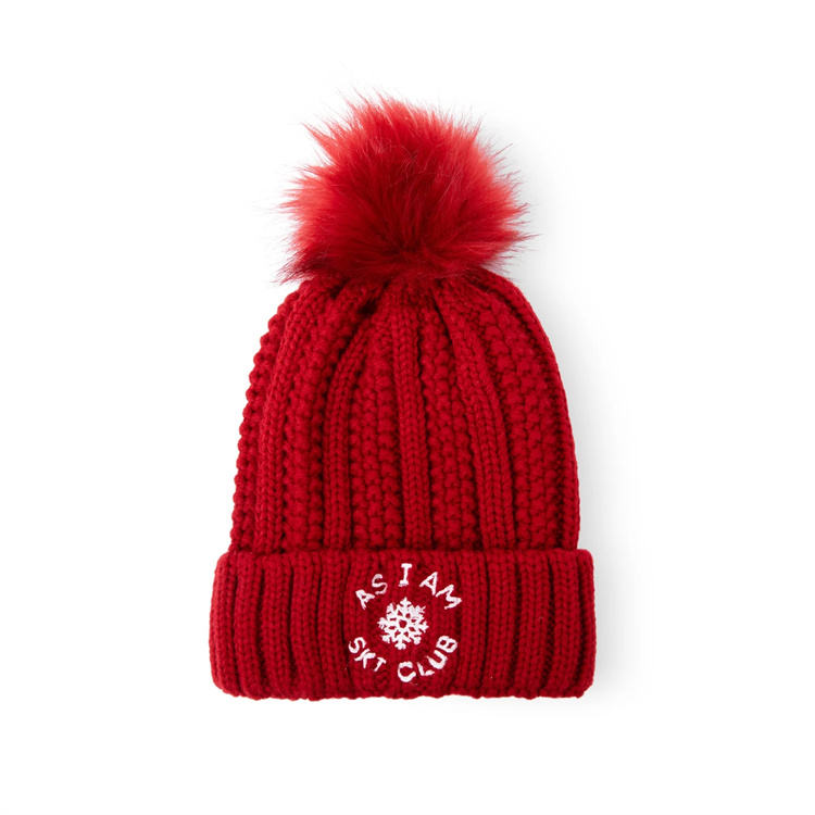 Winter Cable Knit Cuffed Beanie with Faux Fur Pom Pom and Embroidered Ski Club Snowflake Logo – Unisex Warm Ribbed Hat