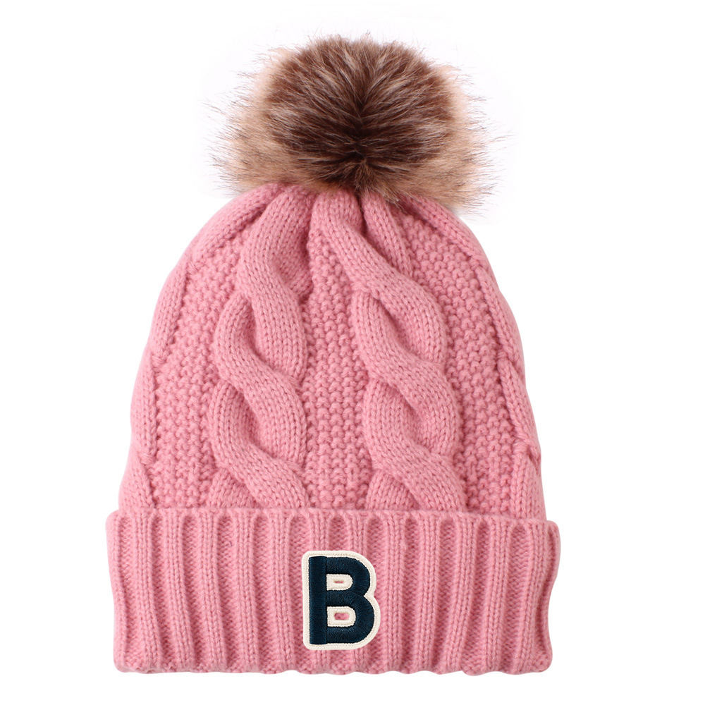 B Patch Cable Knit Cuffed Faux Fur Pom Pom Beanie