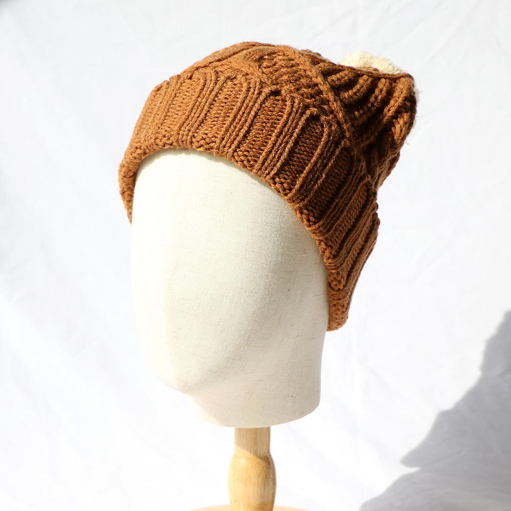 Caramel Cable Knit Cuffed Beanie with Cream Pom Pom