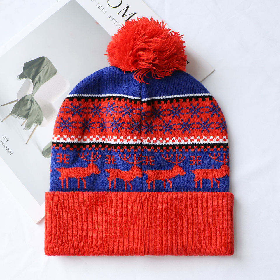 Red and Navy Nordic Reindeer Pom-Pom Cuffed Knit Beanie