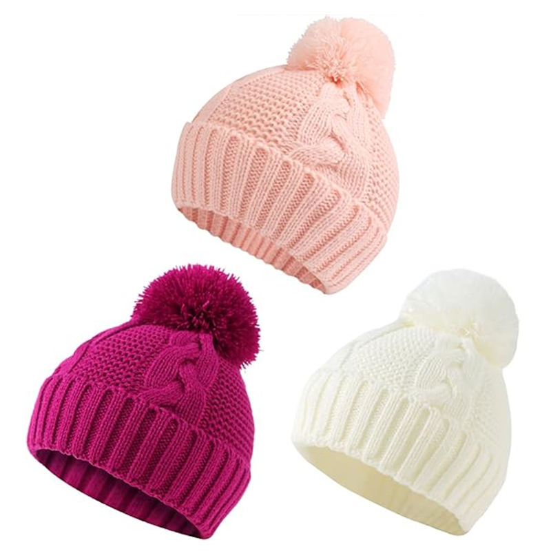 Soft Cable Knit Pom Pom Beanie Hat with Ribbed Cuff Winter Warm Knitted Cap