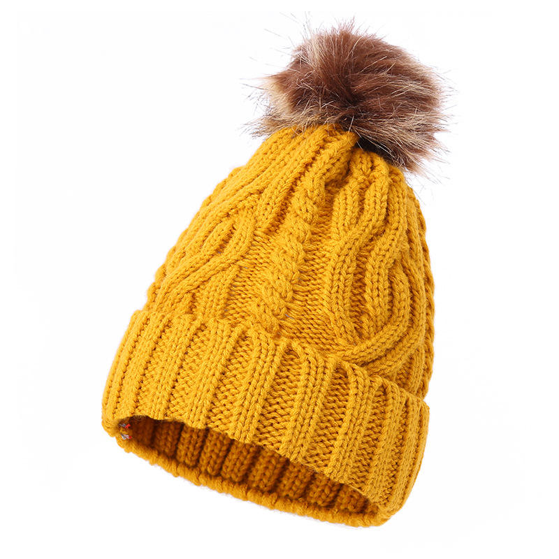 Cable Knit Cuffed Faux Fur Pom Pom Winter Beanie Hat