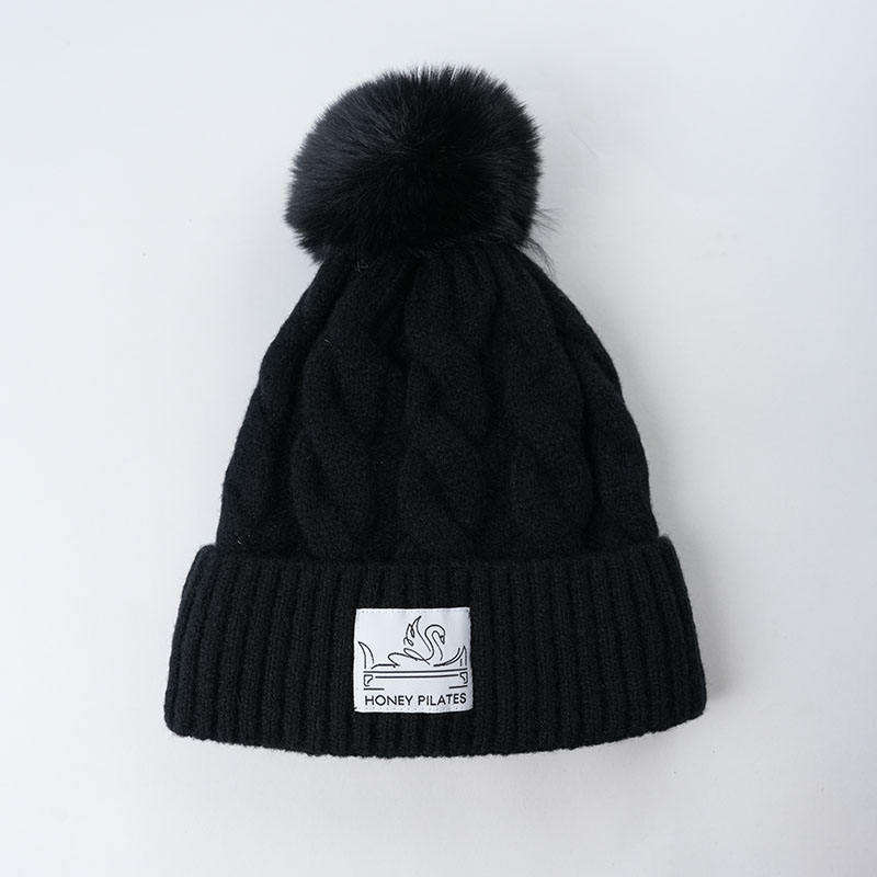Cable Knit Cuffed Winter Beanie with Faux Fur Pom Pom