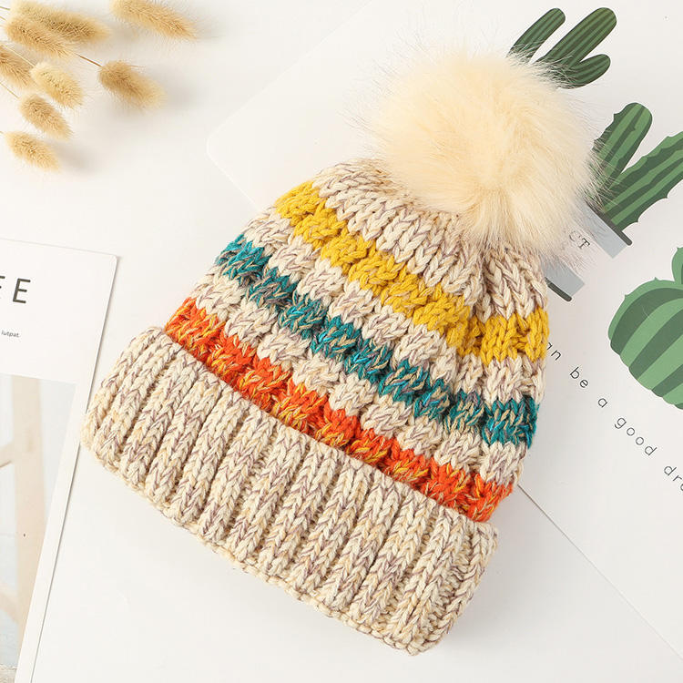 Striped Cable Knit Cuffed Beanie with Faux Fur Pom Pom