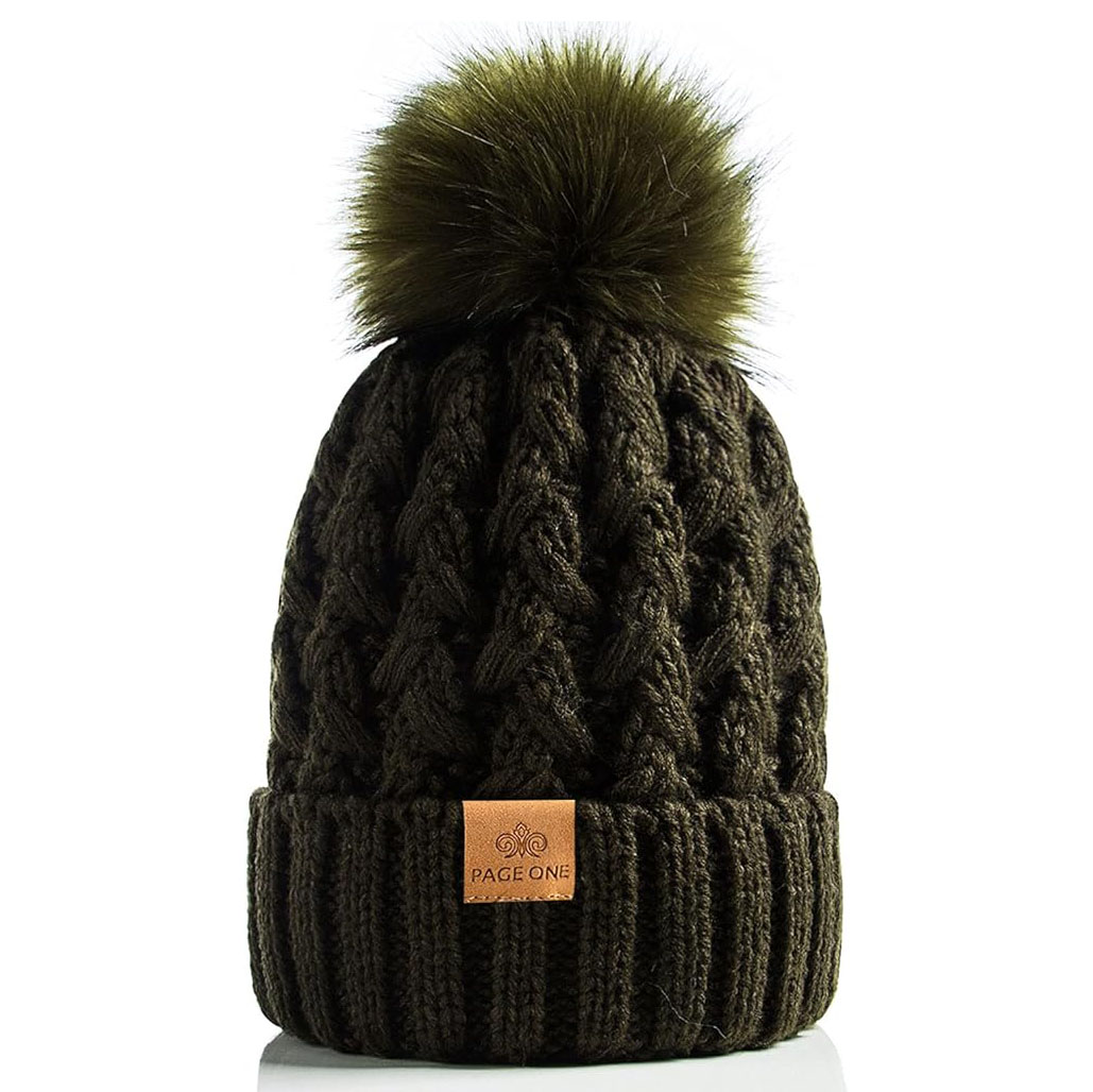 Winter Cable Knit Beanie with Faux Fur Pom Pom Thick Cuffed Warm Hat