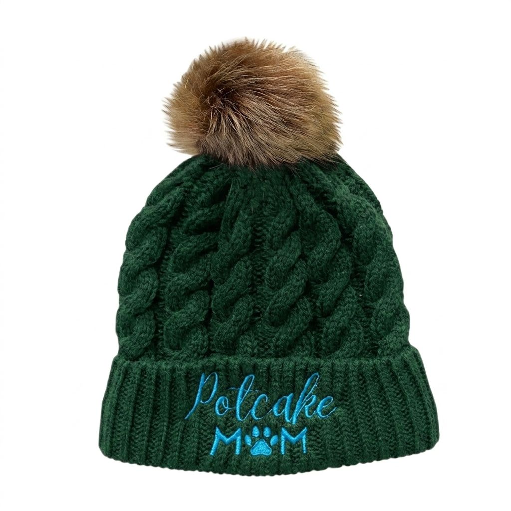 Cable Knit Beanie Hat with Faux Fur Pom Pom, Cuffed Winter Hat with Embroidered Logo