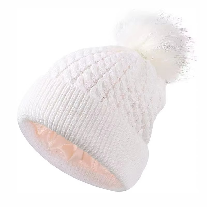 Winter Warm Knitted Beanie with Faux Fur Pom and Satin Lining