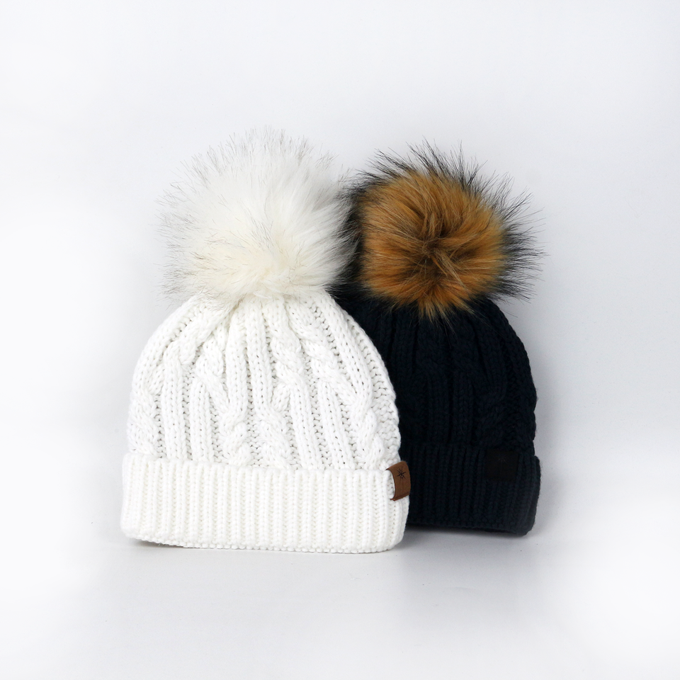 Winter Cable Knit Cuffed Beanie Hat with Faux Fur Pom Pom – Warm Ribbed Knit Cap in Navy, Ivory & Burgundy