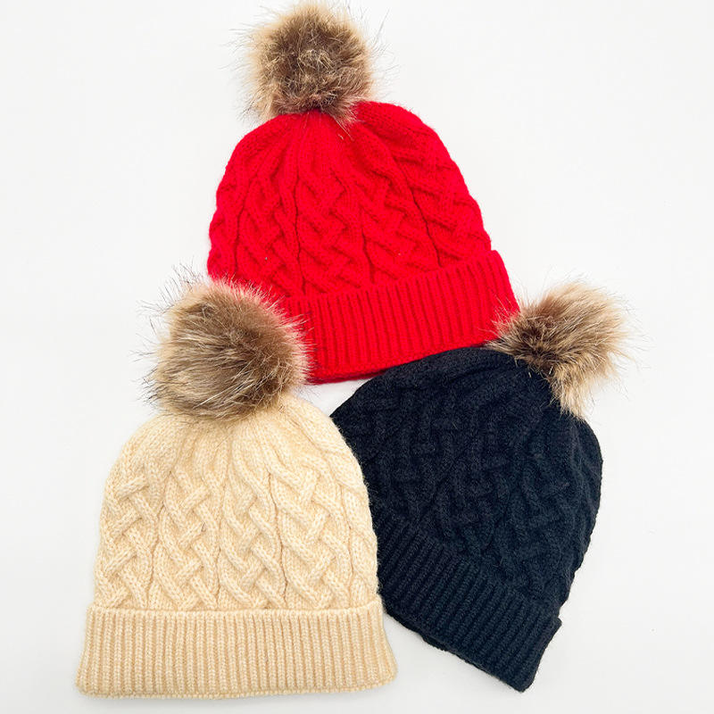 Warm Cable Knit Beanie Hat with Faux Fur Pom Pom Cuffed Winter Cap