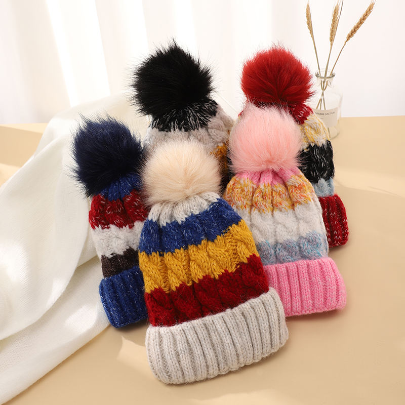 Color Block Cable Knit Winter Beanie Hat with Oversized Faux Fur Pom Pom and Ribbed Foldover Cuff