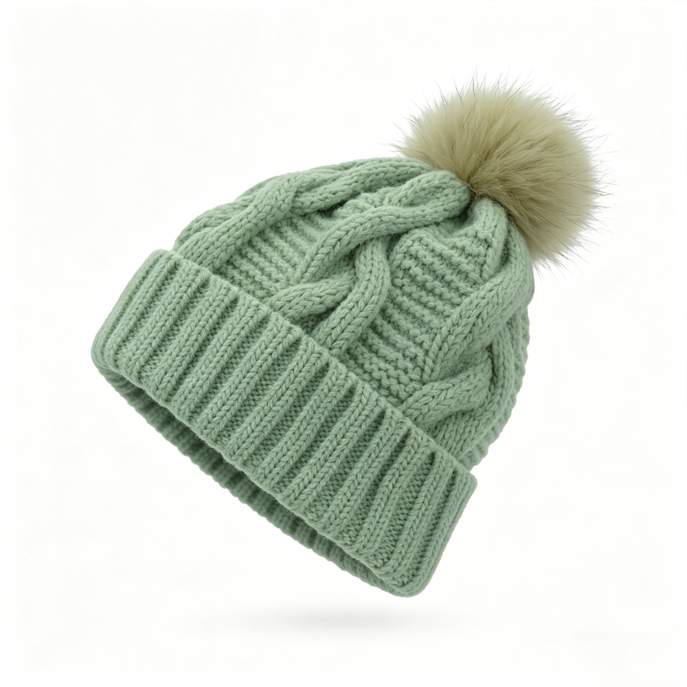 Pastel Cable Knit Cuffed Beanie Hat with Faux Fur Pom Pom