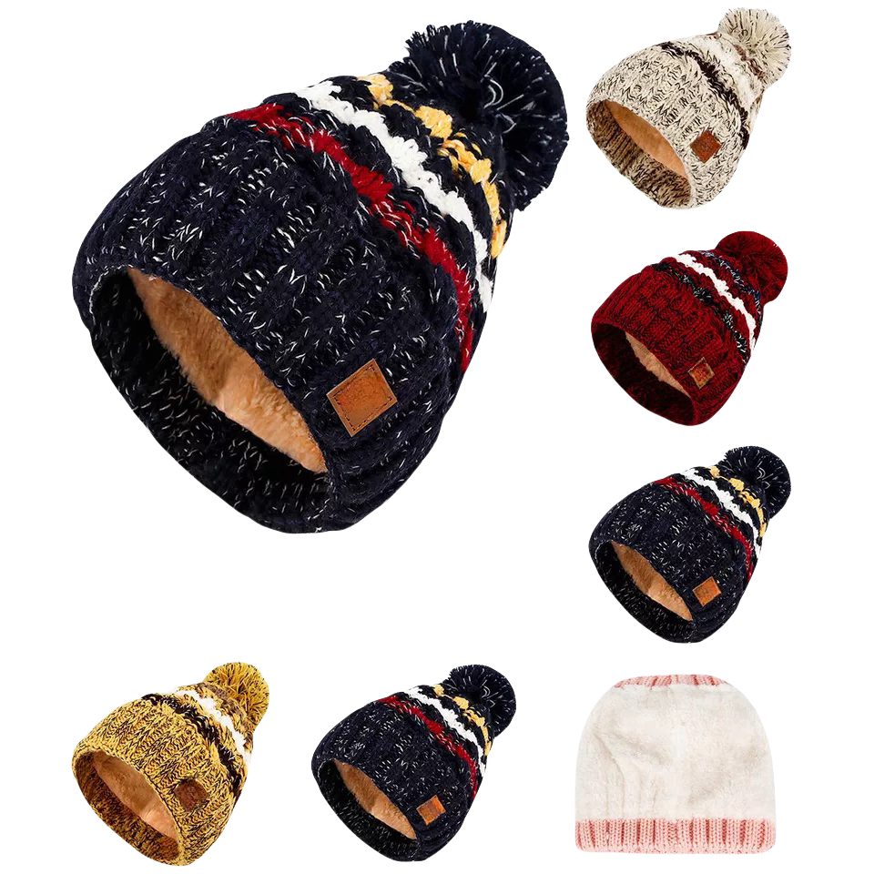 Striped Cable Knit Pom Pom Beanie with Faux Fur Lining