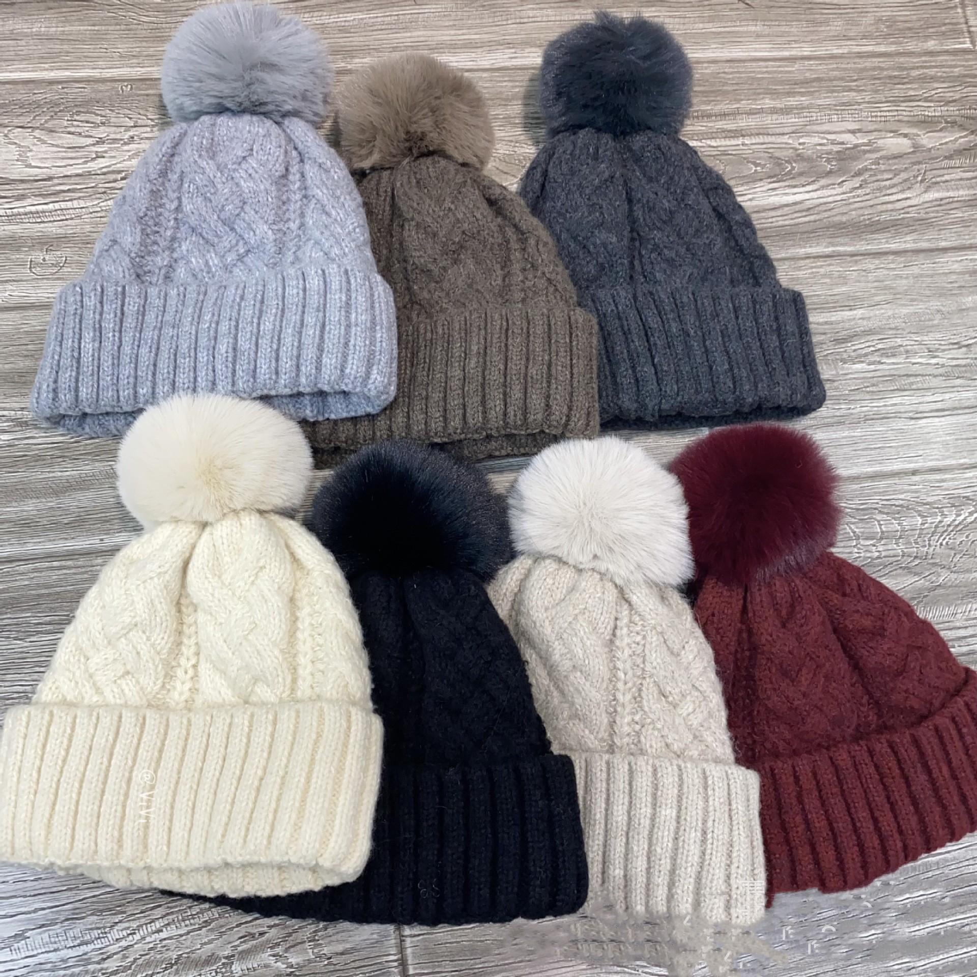 Cable Knit Pom Pom Beanie with Ribbed Fold Cuff – Winter Warm Hat