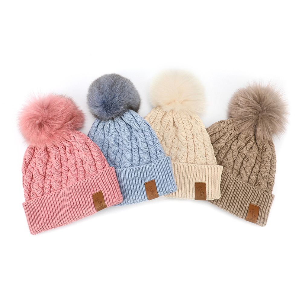 Winter Chunky Knit Beanie with Faux Fur Pom - Multiple Colors