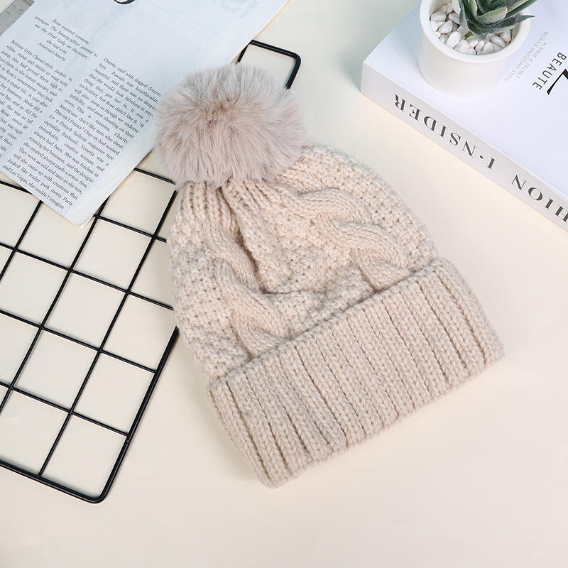 Thick Cable Knit Cuffed Faux Fur Pom Pom Beanie Hat