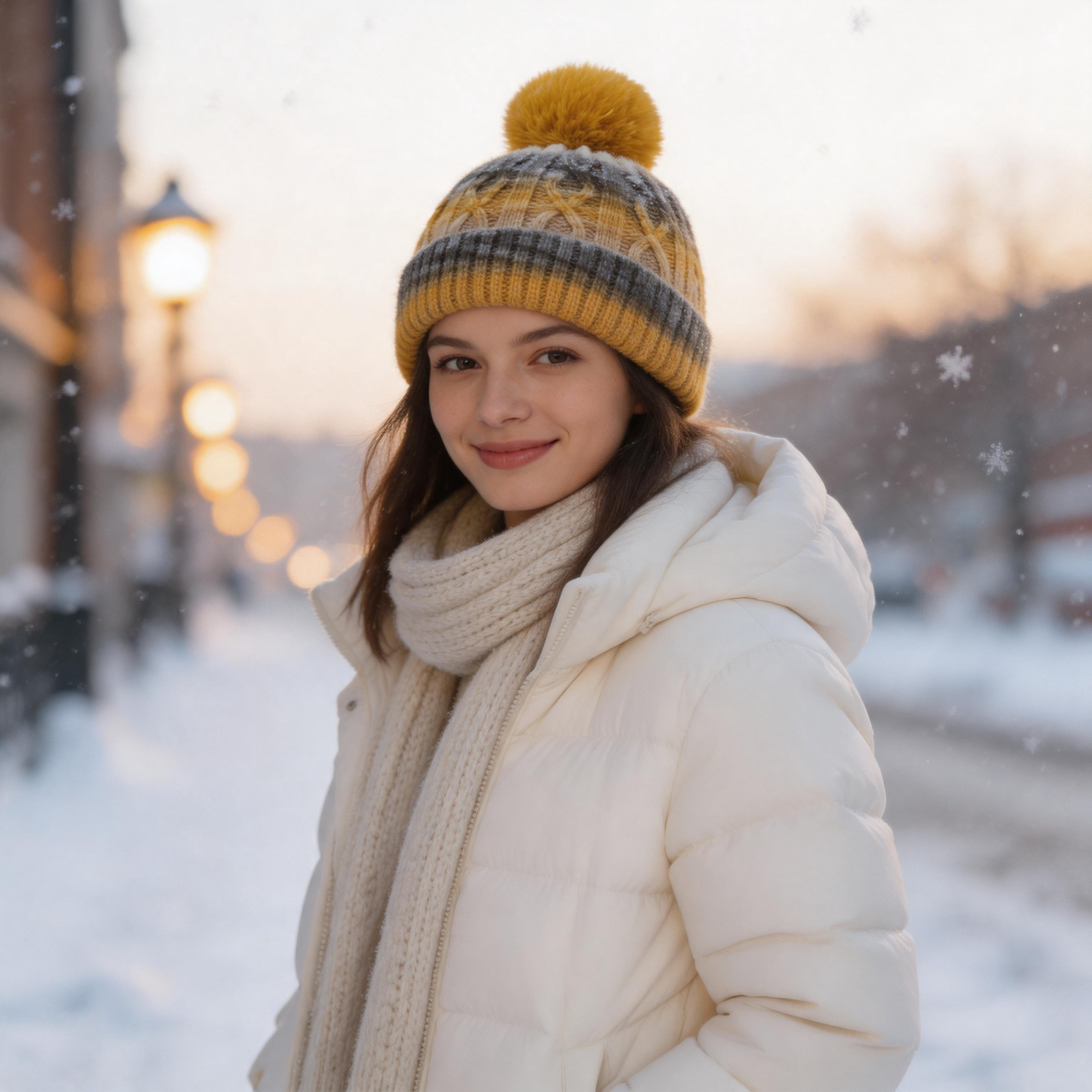 Ombre Cable Knit Cuffed Beanie with Oversized Faux Fur Pom Pom and Soft Lining – Gray Blue Mustard Pastel Multicolor Winter Hat