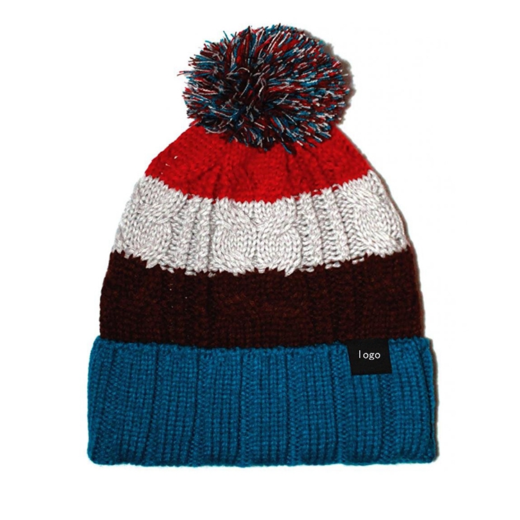 Striped Chunky Cable Knit Cuffed Pom Pom Beanie Hat